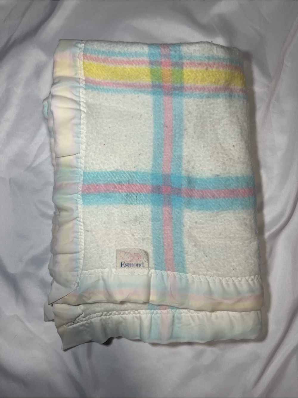 Vintage Esmond Baby Blanket Acrylic Pastel Plaid Nylon Trim 31x44